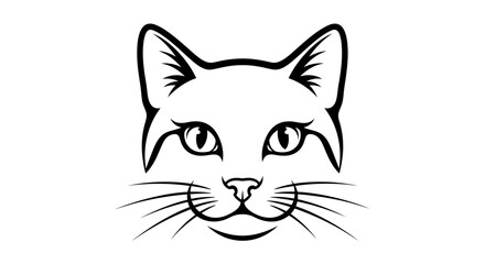 Minimalist Black and White Line Art Illustration of a Domestic Cat's Head with Expressive Eyes and Whiskers on a Clean