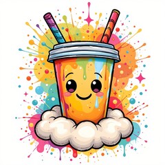 a carefree bubble tea cup floating on a cloud, in a vibrant cartoon style with paint splashes on a white background.