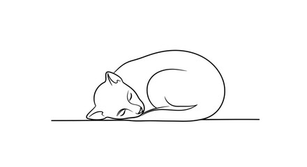 Minimalist Line Art Illustration of a Sleeping Cat Curled Up Peacefully on a Clean White Background