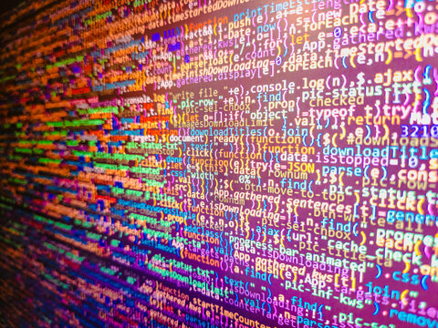 Blue theme. Desktop PC monitor photo. New technology revolution. Front-end applications in the color concept. Gibberish, dummy, lorem ipsum text