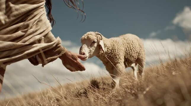 Jesus Christ hand reaching for lost lamb to save	
