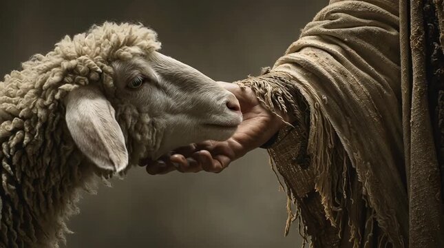 Jesus Christ hand reaching for lost lamb to save	
