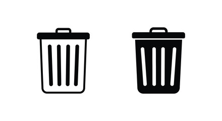 Black and white trash can icons with lids and handles side by side