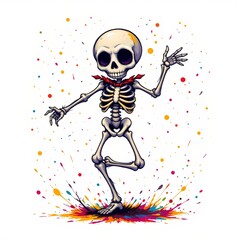 a merry skeleton balancing on one foot, in a vibrant cartoon style with paint splashes on a white background.