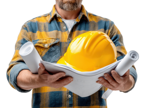 portrait of a construction worker holding a hardhat