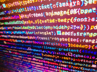Neural network running in Python. Coding cyberspace concept. Data encryption security code on a computer display, close up. Abstract technological background with digits and lines
