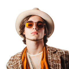 Retro 70s Style Portrait of Young Man Isolated on White Background