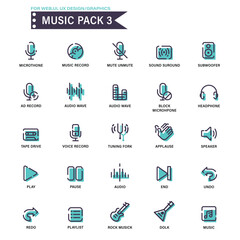 Music and audio icon set. Features icons for podcasts, streaming, instruments, and genres like rock and classical. Ideal for music apps, websites, and digital media projects.
