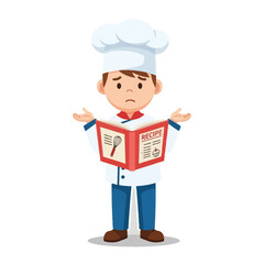 Chef's Recipe Confusion: A cartoon chef appears puzzled as he reads a recipe book, showcasing the challenges of cooking and the importance of proper instruction.