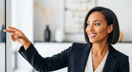 Confident Businesswoman Presenting on Interactive Display