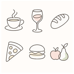Collection of food and drink icons burger apple pizza and coffee cup