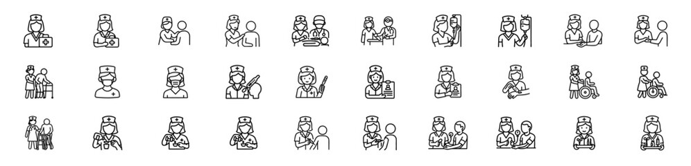 set of nurse activates line icon and editable stock for Nurse Changing IV , Doctor and Nurse Collaboration , Nurse Comforting Patient ,Nurse with First Aid , Nurse Applying Bandage and more 
