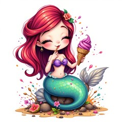 a quirky mermaid eating an ice cream, in a vibrant cartoon style with paint splashes on a white background.