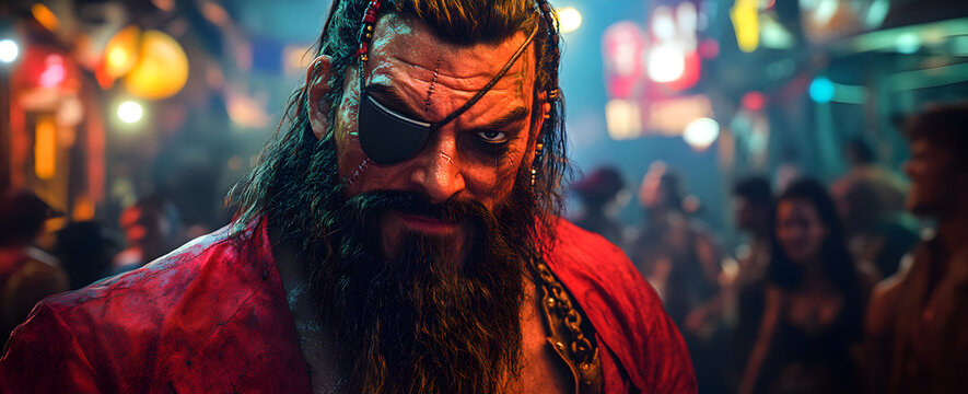 Vibrant pirate character celebrating joyfully at a festive carnival party, enjoying music, laughter, and colorful decorations in a lively atmosphere full of energy and excitement.