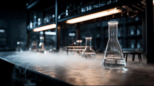 Exploring a Dimly Lit Laboratory With Glassware and Mysterious Vapors During a Scientific Experiment