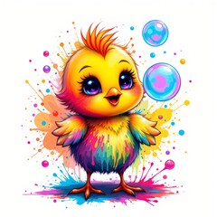 a colorful chick blowing bubbles, in a vibrant cartoon style with paint splashes on a white background.