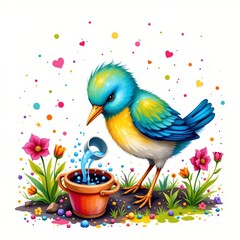 a gentle bird watering plants, in a vibrant cartoon style with paint splashes on a white background.