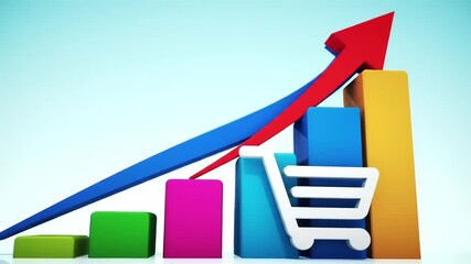 Colorful 3D graph illustrating rising sales trends with a shopping cart symbolizing e-commerce growth