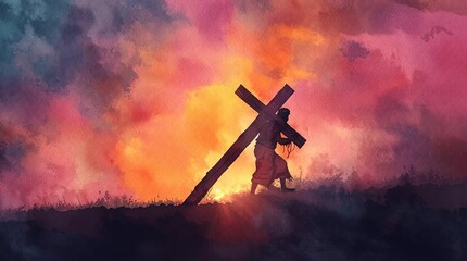 watercolor abstract illustration of Jesus Christ carrying the crucifixion cross on Calvary hill	

