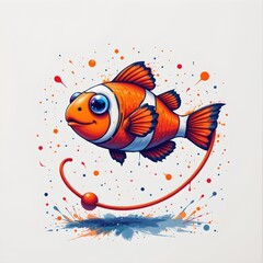 a fantastical clownfish skipping rope, in a vibrant cartoon style with paint splashes on a white background.