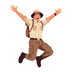 Joyful Explorer: A cheerful explorer leaps with arms outstretched, embodying a spirit of adventure. Wearing a safari hat and backpack, He ready for journey and exploration.