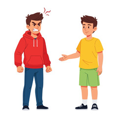 Animated Confrontation: A visual story of conflict and resolution unfolds as two young men engage in an animated discussion. One expresses anger, while the other extends a hand in amicable gesture.
