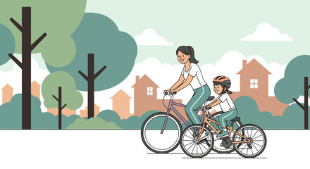Naklejka premium Adobe illustrator artwork vector illustration. A smiling mother and her young son wearing a helmet enjoy a leisurely bicycle ride through a scenic park with trees and houses in the distance