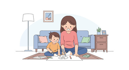 Adobe illustrator artwork vector illustration. A loving mother and her toddler son are drawing together on the floor of a cozy living room with a sofa, armchair, and lamp.
