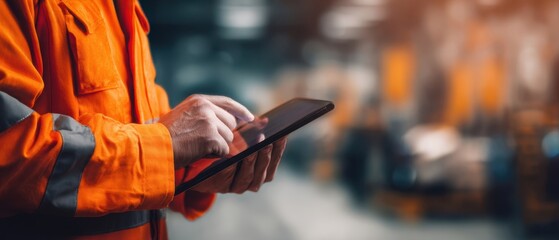 The worker using a tablet in a modern industrial warehouse setting.