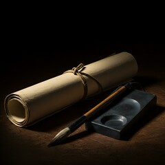 Traditional Chinese Calligraphy Set: Brush, Inkstone, and Scroll on a Wooden Table