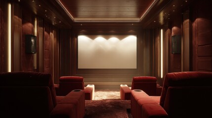 Fototapeta premium Lavish home cinema interior with plush red seating and soft lighting ambience