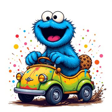a cheerful cookie monster driving a tiny car, in a vibrant cartoon style with paint splashes on a white background.