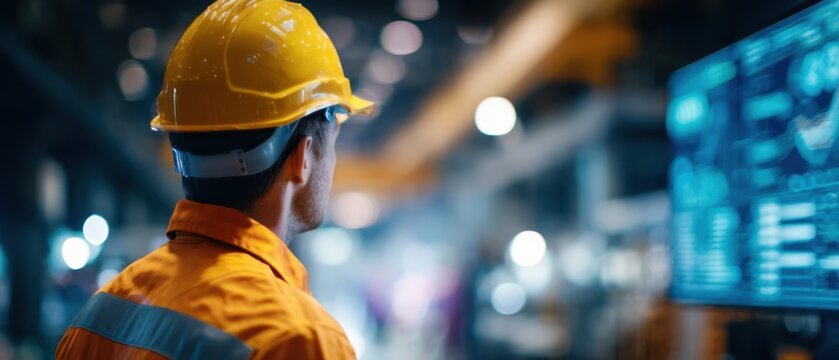 The construction worker analyzing data in a busy industrial environment. - Powered by Adobe