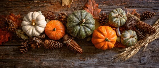Fototapeta premium The vibrant arrangement of pumpkins and autumn leaves on rustic wood