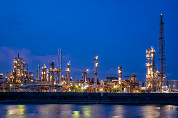 Yokkaichi industrial Japan factory area with blue twilight sunset  sky background view Yokkaichi, Mie Prefecture, Japan.