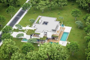 3d rendering of two-story house with parking and pool for sale or rent with concrete facade and beautiful landscaping. Cloudy white sky overcast, soft shadows