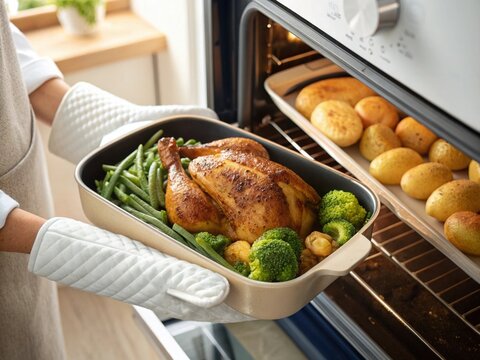 Person Holding Roasting Pan with Whole Chicken and Vegetables from Inside Oven