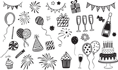 Birthday doodle icon element. Hand drawn sketch doodle birthday cake, balloon, event decoration element. Party, carnival celebration concept background. Vector © BK2003