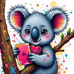 a merry koala playing cards, in a vibrant cartoon style with paint splashes on a white background.