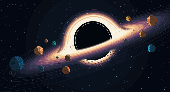 Cartoon Black Hole with Planets and Accretion Disk in Space.