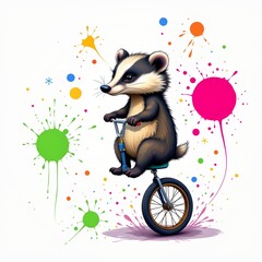 a quirky badger riding a unicycle, in a vibrant cartoon style with paint splashes on a white background.