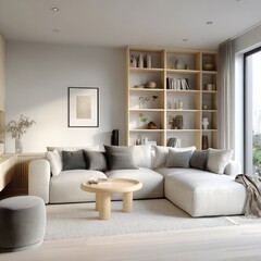 Modern living room interior design, sunlight, bookcase, relaxation