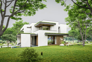 3d rendering of two-story house with parking and pool for sale or rent with concrete facade and beautiful landscaping. Cloudy white sky overcast, soft shadows
