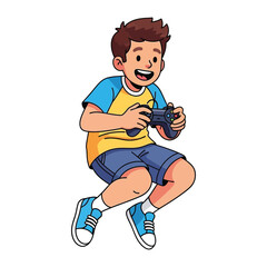 Digital Gaming Delight: A young boy, filled with joyous excitement, immerses himself in the virtual world, clutching a game controller with focused intensity, showcasing the power of play.