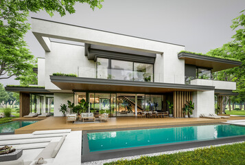 3d rendering of two-story house with parking and pool for sale or rent with concrete facade and beautiful landscaping. Cloudy white sky overcast, soft shadows