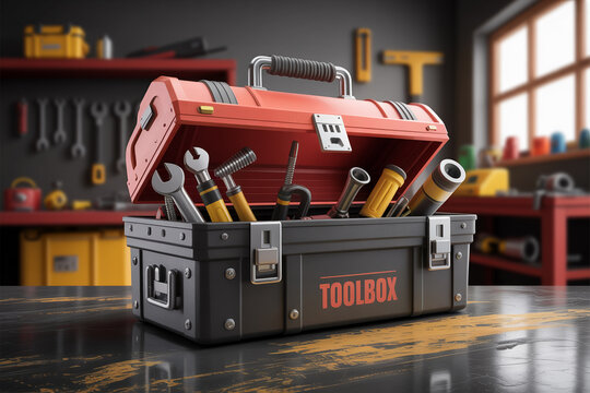 Open red and black toolbox filled with assorted tools in a workshop