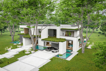 3d rendering of two-story house with parking and pool for sale or rent with concrete facade and beautiful landscaping. Cloudy white sky overcast, soft shadows