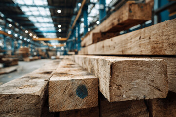 Stacked lumber in a manufacturing plant, ready for transport or processing, showing wood grain.