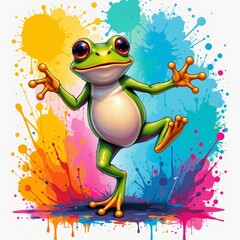 a quirky frog balancing on one foot, in a vibrant cartoon style with paint splashes on a white background.