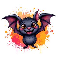 a quirky bat with a big smile, in a vibrant cartoon style with paint splashes on a white background.